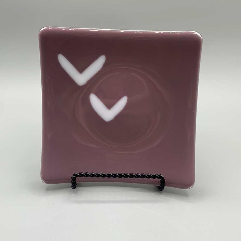 Studio Art Fused Glass Square Lavender White Heart Dish
